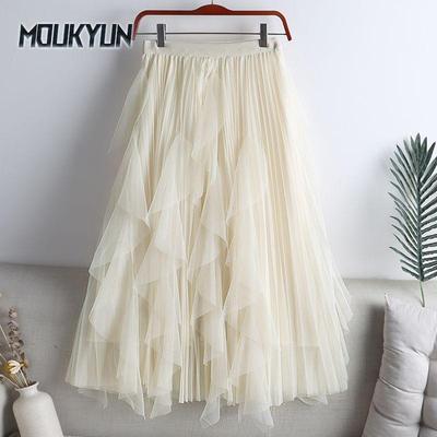 Summer Long Maxi Skirt Women FCute High-waisted Pleated Kawaii Tulle Skirt Mesh Gauze