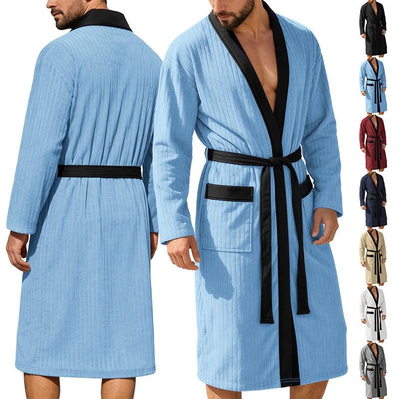 Mens Long Jacquard Solid Color Belted Bath Robe Plus Size Home Loungewear