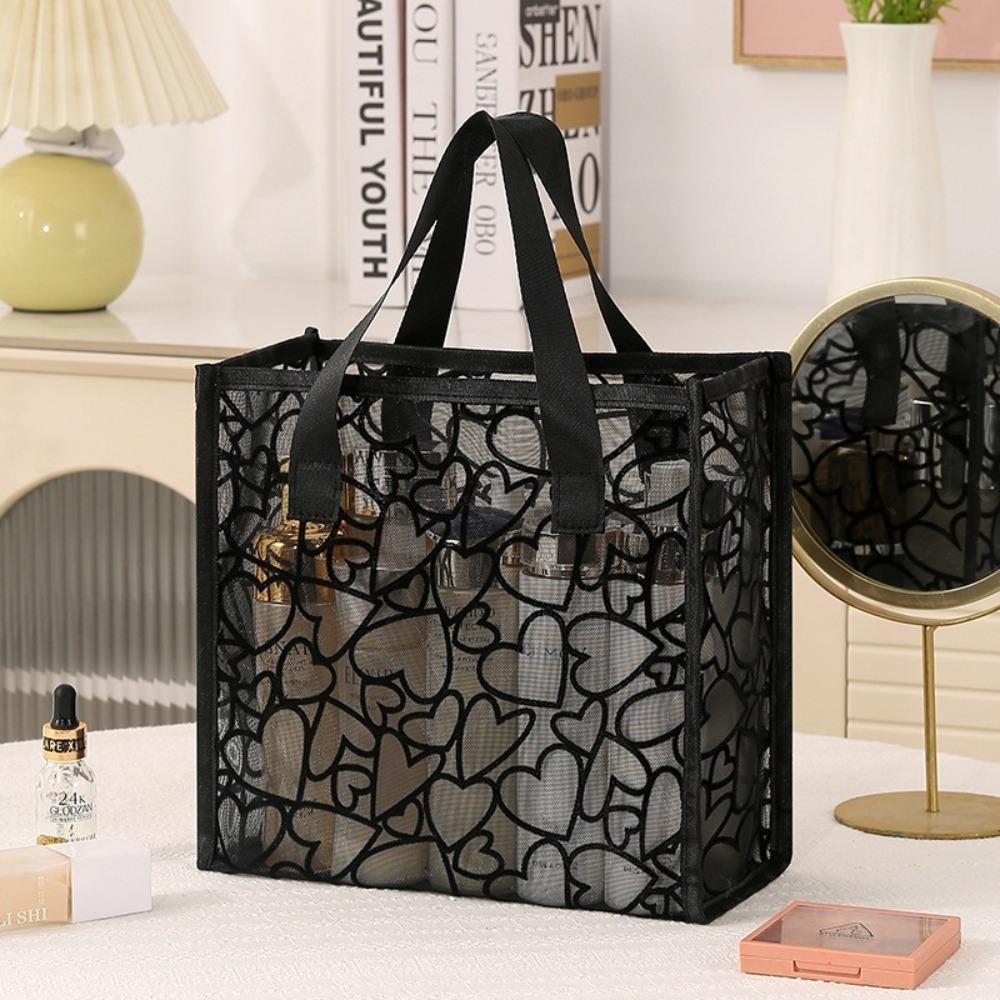 Fashion Portable Cosmetics Storage Bag Mesh Heart Makeup Bag Toiletries Bag Women