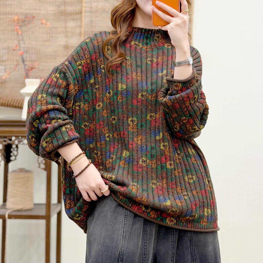 Women's Plus Size Floral High Neck Sweater - Autumn/Winter 2025 Relaxed Fit