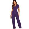 2023 TEMU Summer Elegant Tie-Waist Women's Jumpsuit - Solid Color V-Neck