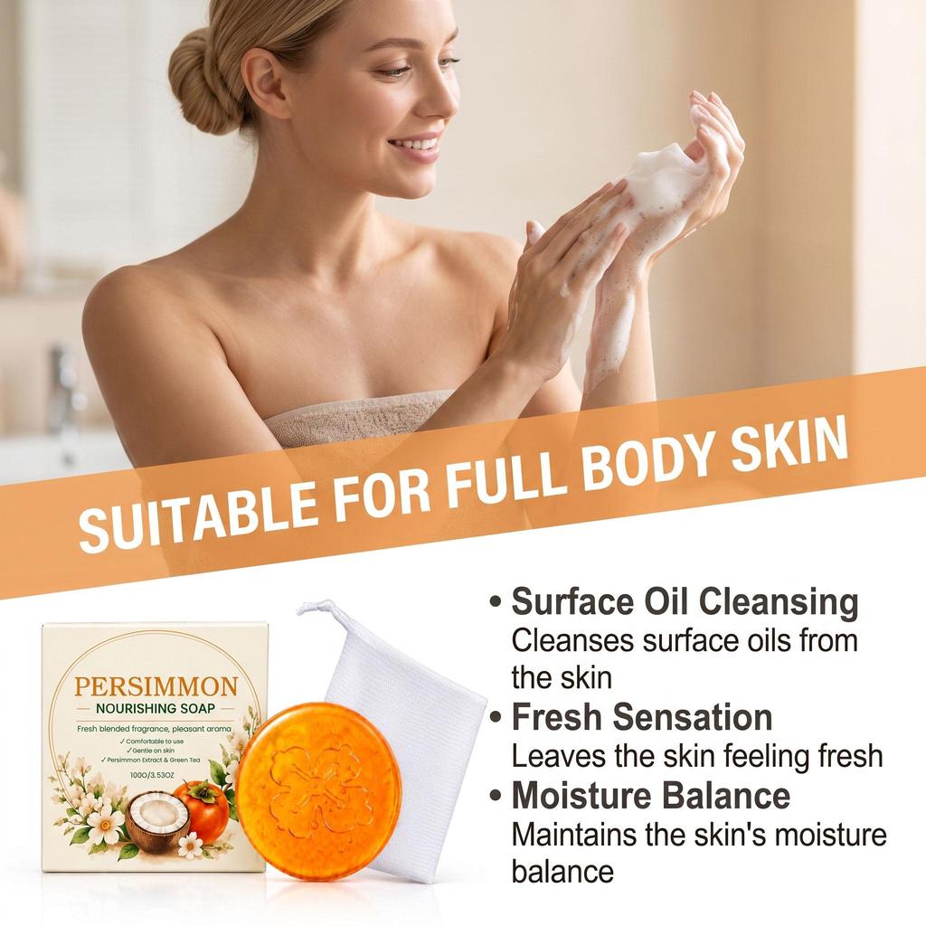 Persimmon Nourishing & Cleansing Soap: Rich Lather, Fresh Scent, Non-Tightening Formula, Suitable for Full-Body Use.