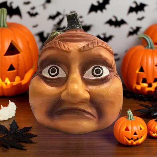 Halloween Pumpkin Statue with Expression Cartoon Pumpkin Head Resin Figurine Sculpture Indoor Outdoor Garden Desktop Decoration