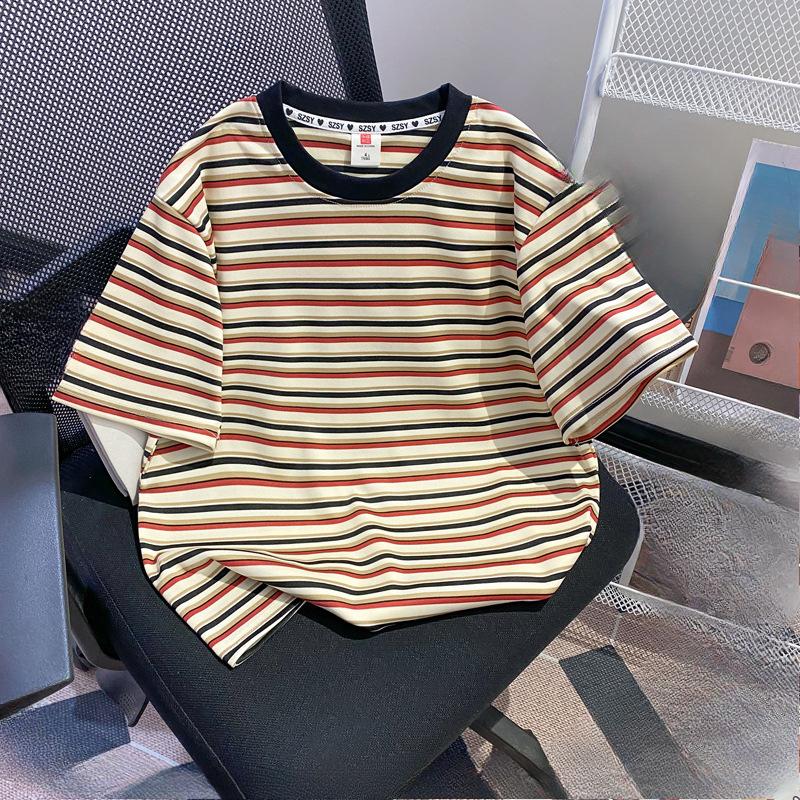 

Летняя полосатая футболка с коротким рукавом женская в корейском стиле приталенная с открытыми плечами и круглым вырезом XL чёрный/абрикосовый