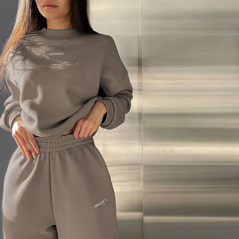 

Жіночий повсякденний модний спортивний костюм осінь-зима, однотонний простий теплий худі з високою талією, еластичні спортивні штани, комплект із 2 предметів S хакі