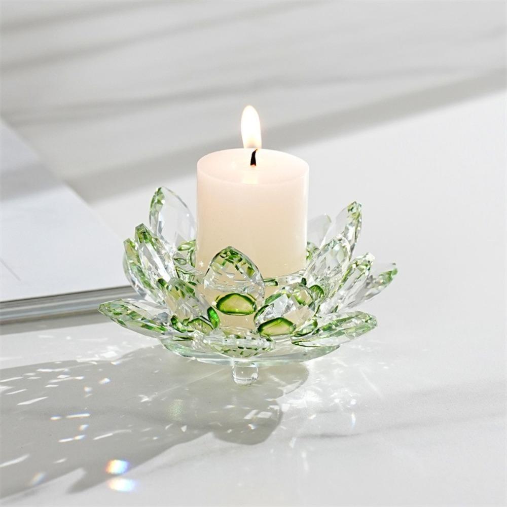 Cute Lotus Candle Holder Crystal Clear Figurines Tealight Candlestick Home Ornament Glass Everlasting Lamp Base Party Decor