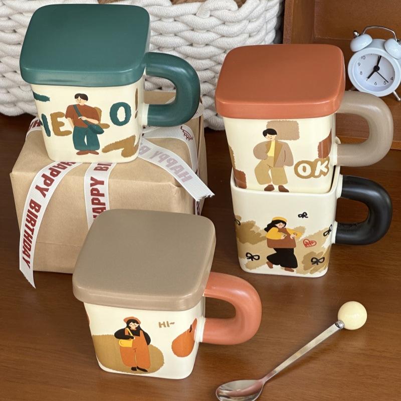 Cute retro boy and girl mugs, couple high-value ceramic drinking cups, birthday gifts for girlfriends