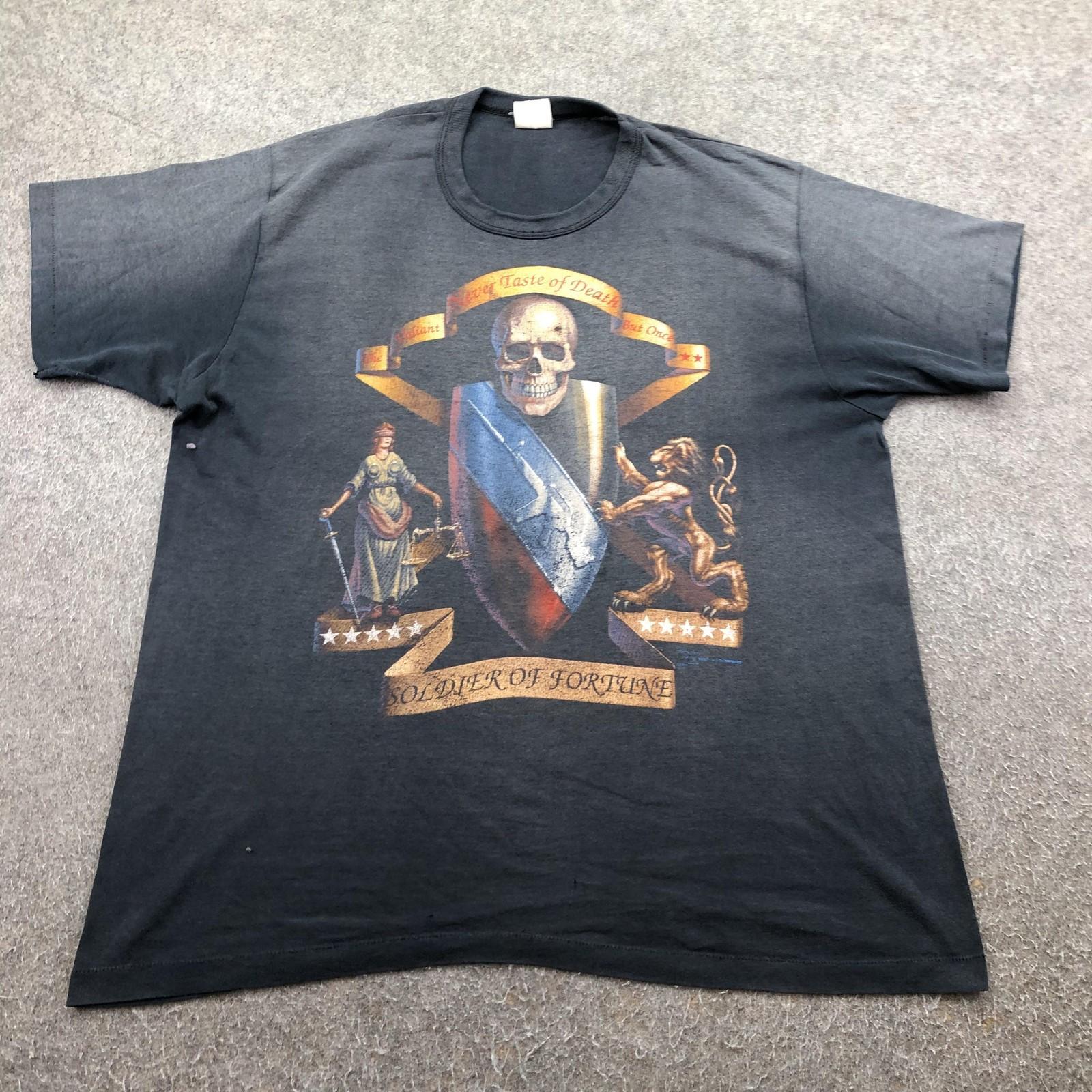 Vintage Soldier Of Fortune Shirt Mens XL Black Skull Crest MTF Faded USA 1990s Unisex T-Shirt S