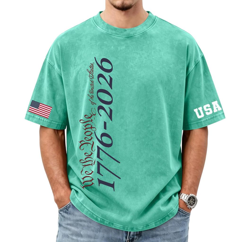 Men's loose and casual flag letter print T-shirt - Men's trendy washed short-sleeved top