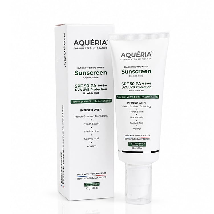 Aqueria Ölkontrolle Aufhellendes Gel Multi-Aktiv Französische Sonnencreme LSF 50 PA++++ | In-Vivo/In-Vitro Getestet | 2% Niacinamid, BHA & Hyaluronsäure |