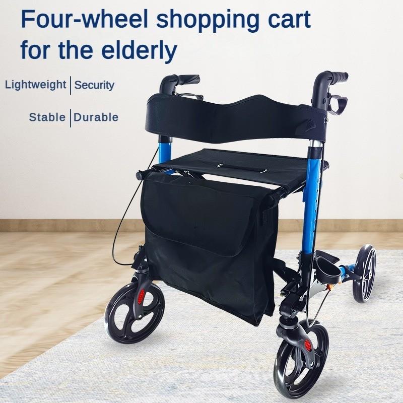 Adjustable Height Shopping Cart with Storage Bag Elderly Four Wheeled Walking Aid Vehicle Household Walking Aids with Brakes and Widened Seat Cushions