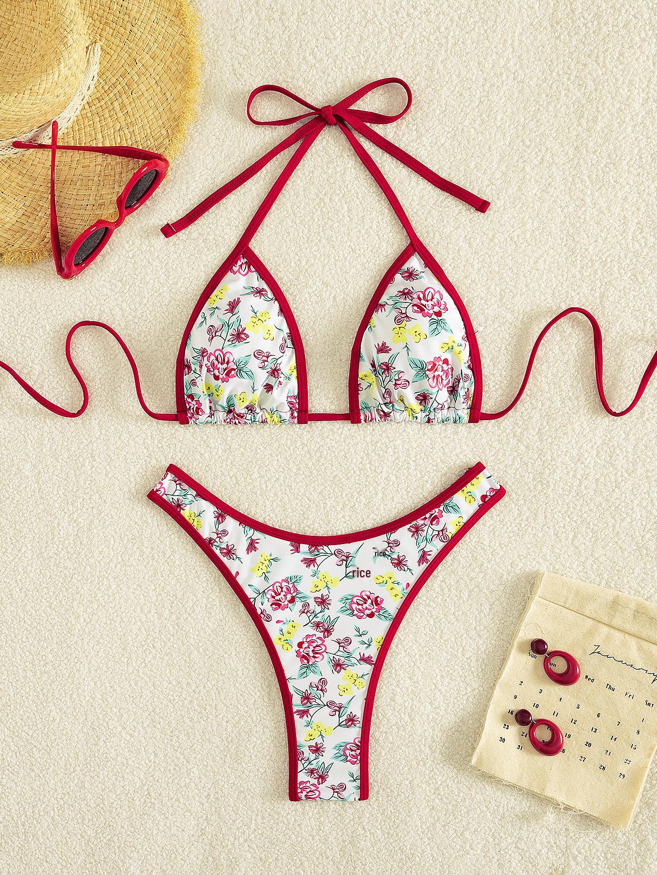 

2025 Цветочный купальник бикини со шнуровкой сзади и открытой спиной - Европейский и американский стиль Extra Large