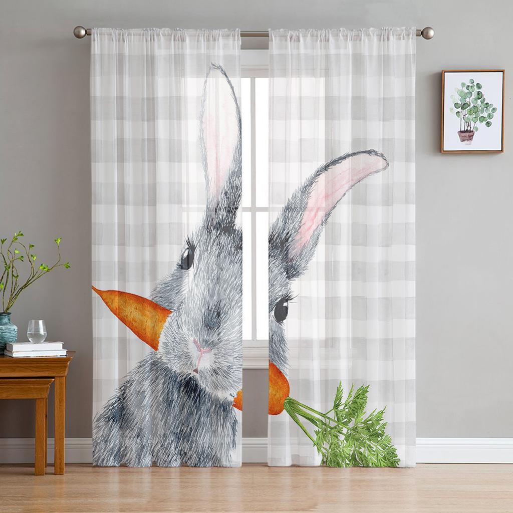 Easter Retro Farm Style Bunny Sheer Curtains for Bedroom Living Room Festival Decor Cute Rabbit Kitchen Window Tulle Curtain