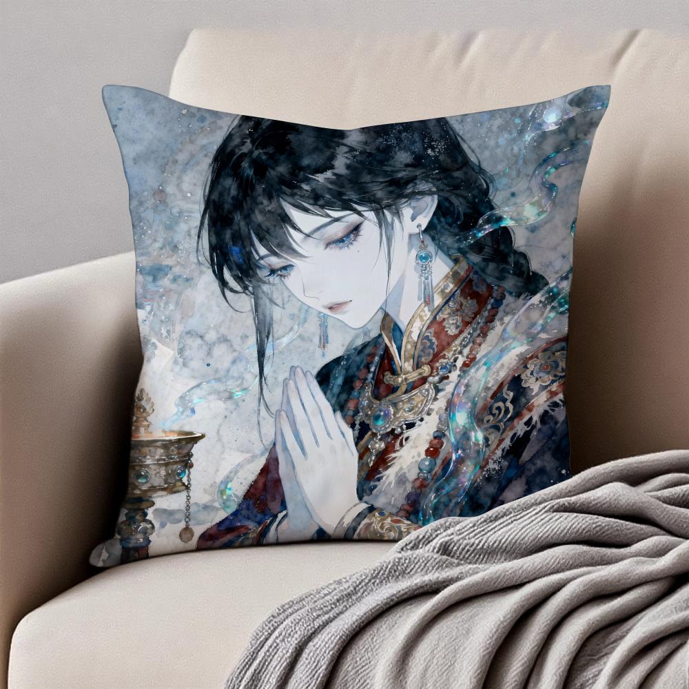 Elegant Nine Phases of Ink Painting Art Cushion Cover Pillowcase Antidustmite Invisible Zipper Short Plush Sofa Cushion