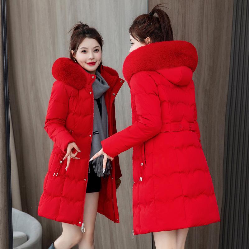 Women's Mid-Length Hooded Cotton Jacket with Large Fur Collar - Fashionable, Slimming Winter Outerwear with Waist Tie