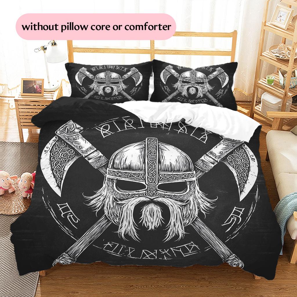 Wikinger-Krieger Muster Bettwäsche Steppdecke Set Bettbezug Kissenbezug Heimdekoration Geschenk (1 Bettbezug + 2 Kissenbezüge, ohne Füllung)