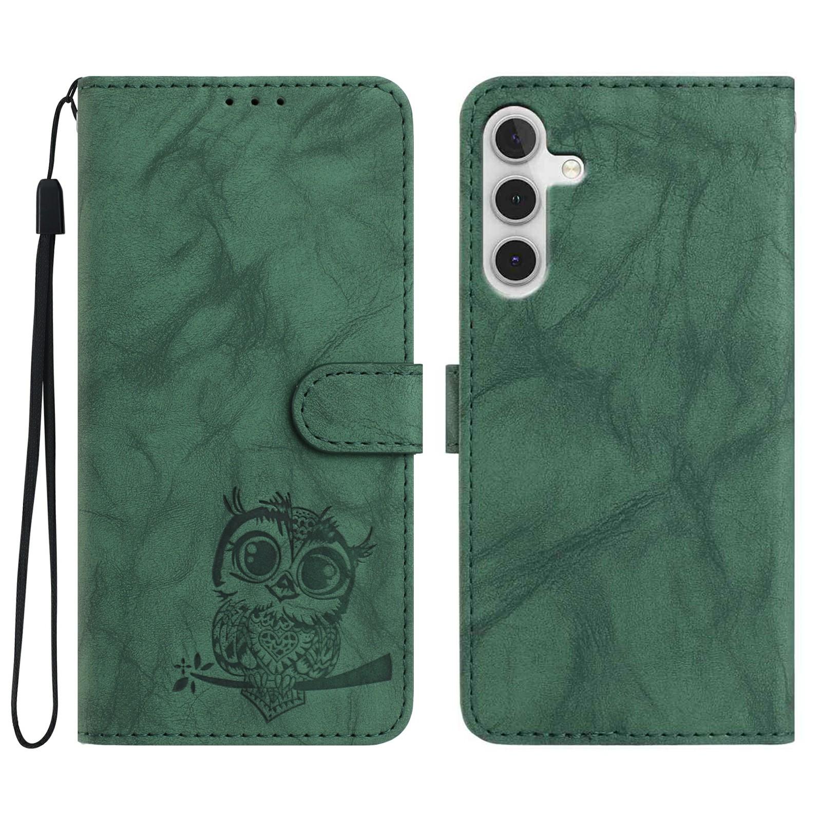 

For Samsung Galaxy A26 5G Case Owl Imprinted PU Leather Wallet Phone Cover with Wrist Strap Green
