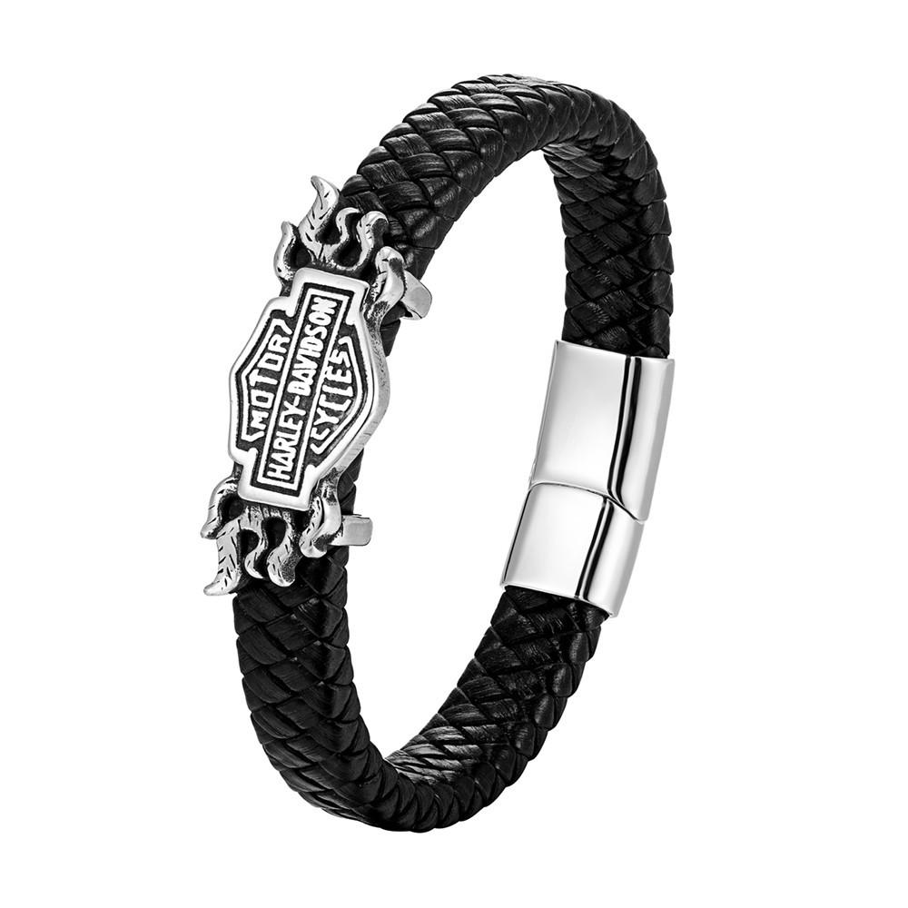 Bracciale in Pelle Intrecciata Harley Knight Shield: Accessorio Trendy da Uomo in Acciaio Inossidabile
