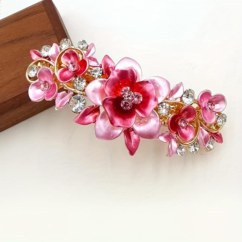 Single Bohemian Floral Rhinestone Hair Clip Large Rectangular Hairpin with Multicolor Enamel Flowers, Sparkling Crystals Golden Tone Accents for Women