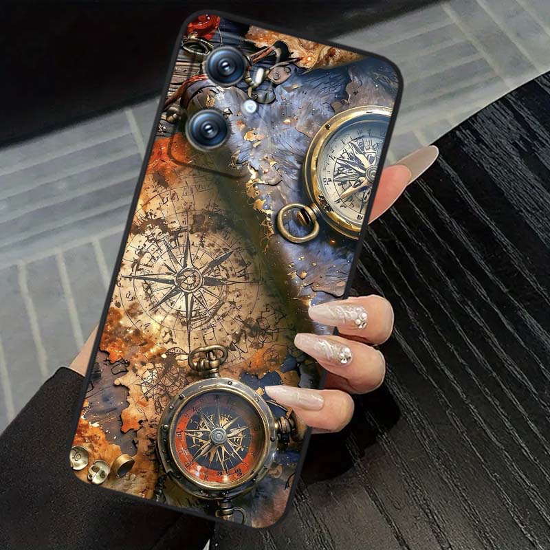 Vintage compass illustration For OPPO Reno 5 6 7 A96 A40 A58 Realme GT A74 A78 Neo2 A74 A78 Find X5 X3 X7 X8 Black Phone Case
