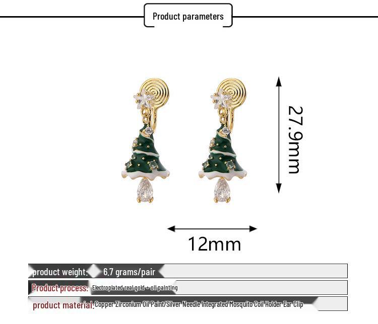EH1612 3D Christmas Tree Dangle Earrings with Non-Piercing Mosquito Coil Ear Clips