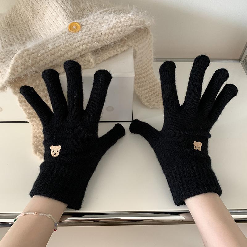 Women's Wool Gloves In Autumn and Winter Korean Cute Bear Embroidery Knitted Touch Screen Student Warm Riding Gloves Windproof