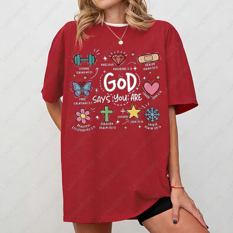 

God Says You Are Funny Graphic T Shirts Bible Verse Doodle Cotton Shortsleeve Tees Retro Style Men Woman Fashion Casual Wear 4XL