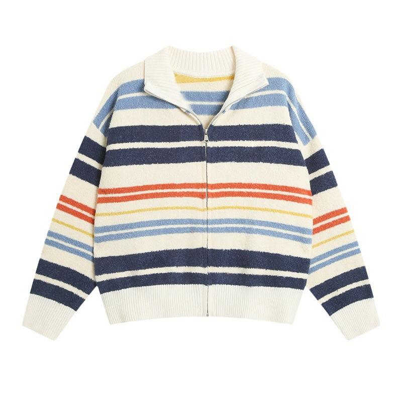 

Осенне-зимняя мода новый дизайн цвета полосатый кардиган свитер женский контрастный цвет воротник-стойка вязаный женский One Size