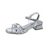 French Open-toed Rhinestone Sandals Summer New Fashion Thick Heel Square Head One-word Buckle with Skirt Women's Shoes
