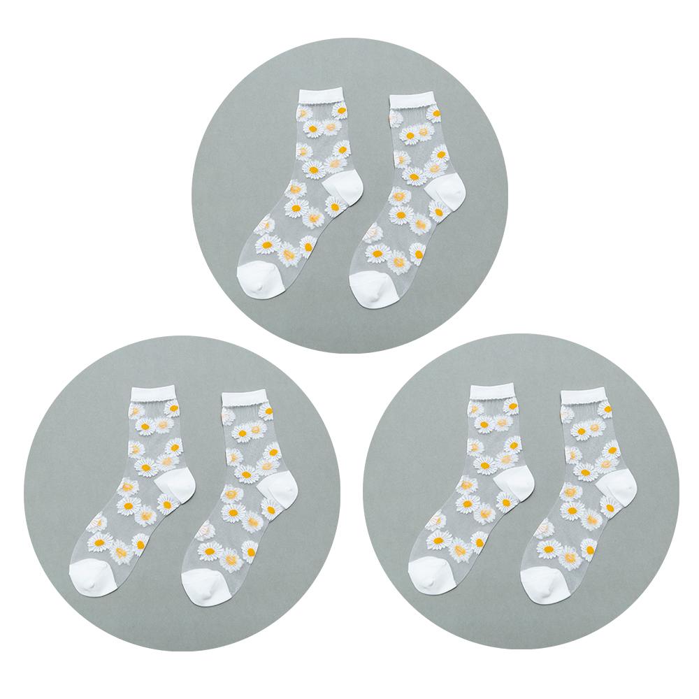 3 Pairs Of Women's Flower Socks Summer Crystal Glass Stockings Medium Short Tube Thin Transparent Daisy  Jacquard Elastic  Socks
