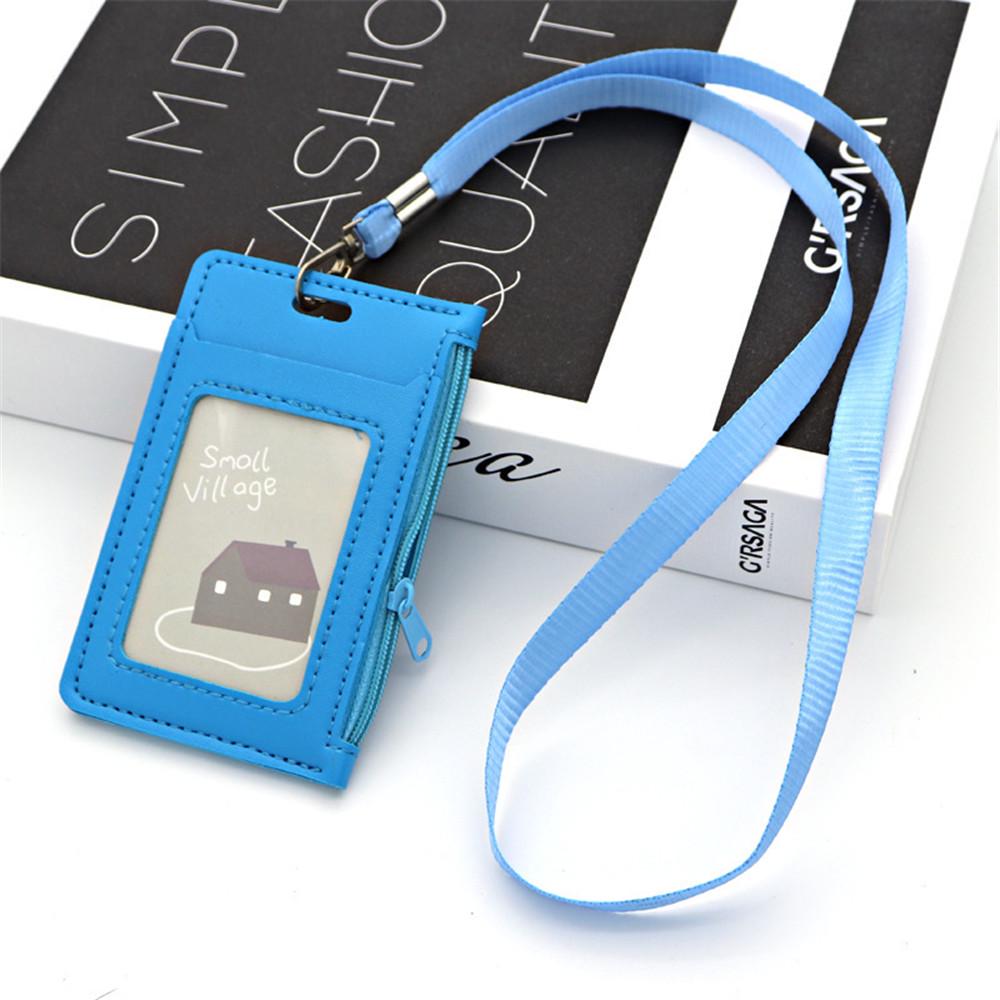 Simple Student Kids Lanyard Card Holder Slim Wallet Boys Pu Id Certificate Bus Door Credit Card Bag for Girls Zipper Coin Purses