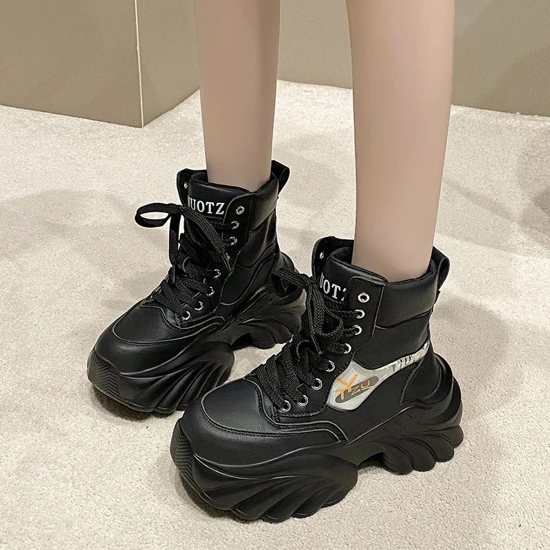Fashion 8CM Autumn High Top Women Sneakers Lace-up Winter Warm Leather Ankle Boots Casual Canvas Shoes Thick Bottom Fashion Short Boots