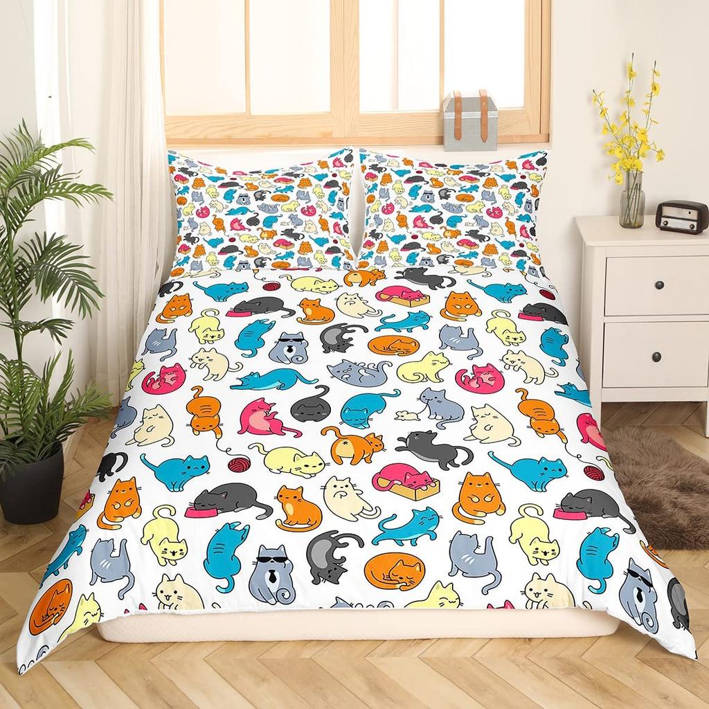 Cute Cat King Queen Duvet Cover Kitten Bedding Set Purple Floral Butterflies Polyester Quilt Cover Pet Animal Comforter Cover