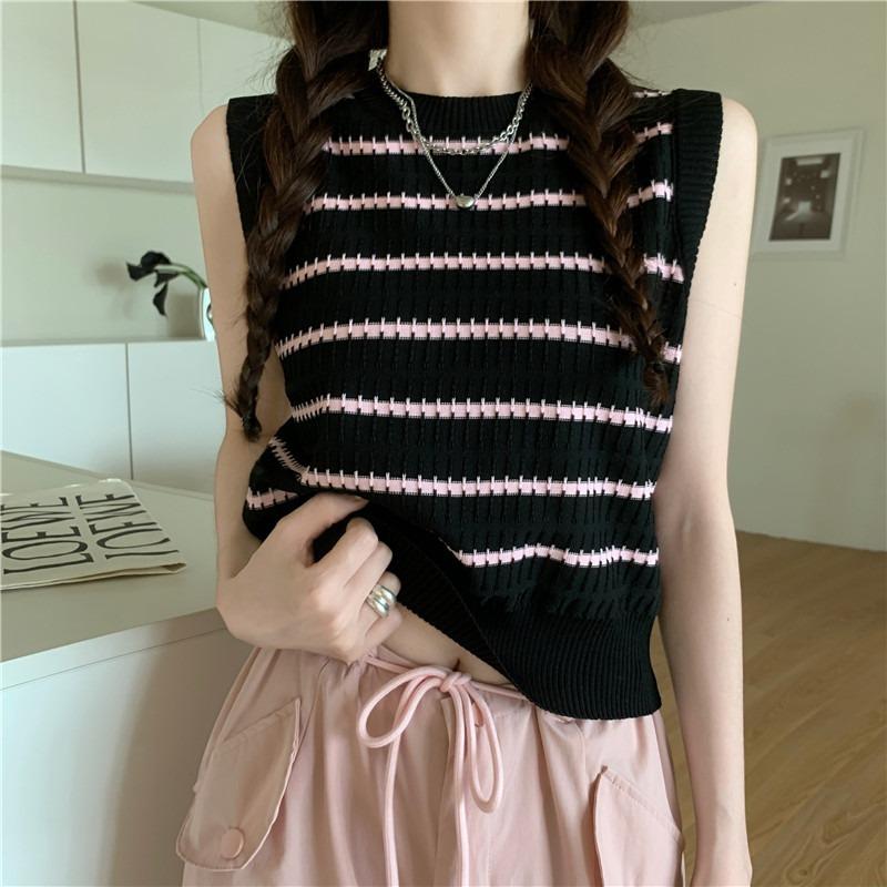 

Модный полосатый вязаный жилет для женщин, летняя новинка, сладкая и пикантная внешняя сторона, короткая куртка без рукавов One size