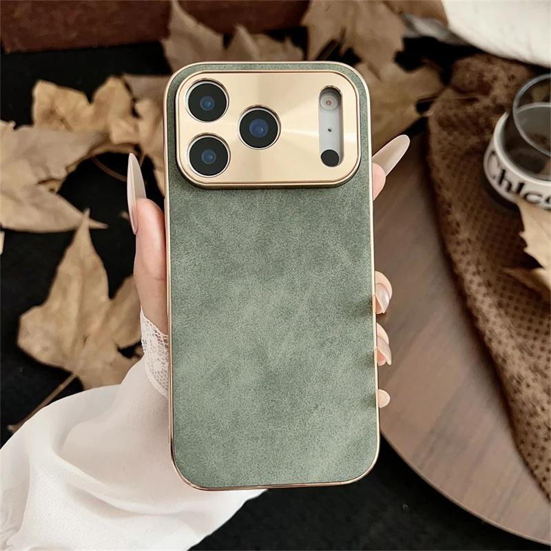 Vintage Leather Plating Frame Phone Case for IPhone 17Air 16E 15 14 Plus 13 Pro Max Shockproof Matte Solid Color Protector Cover