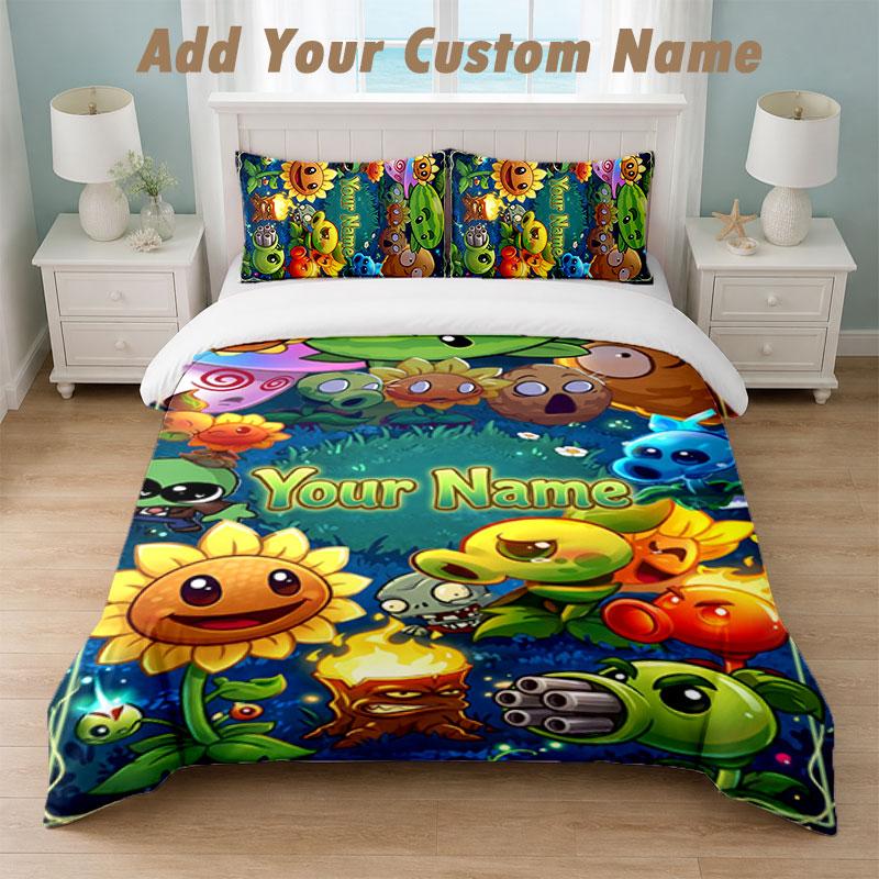 Bedding Set 1 Duvet Cover 2 Pillowcases Plants Vs. Zombies Print Soft Bed Linen Bedroom Decor