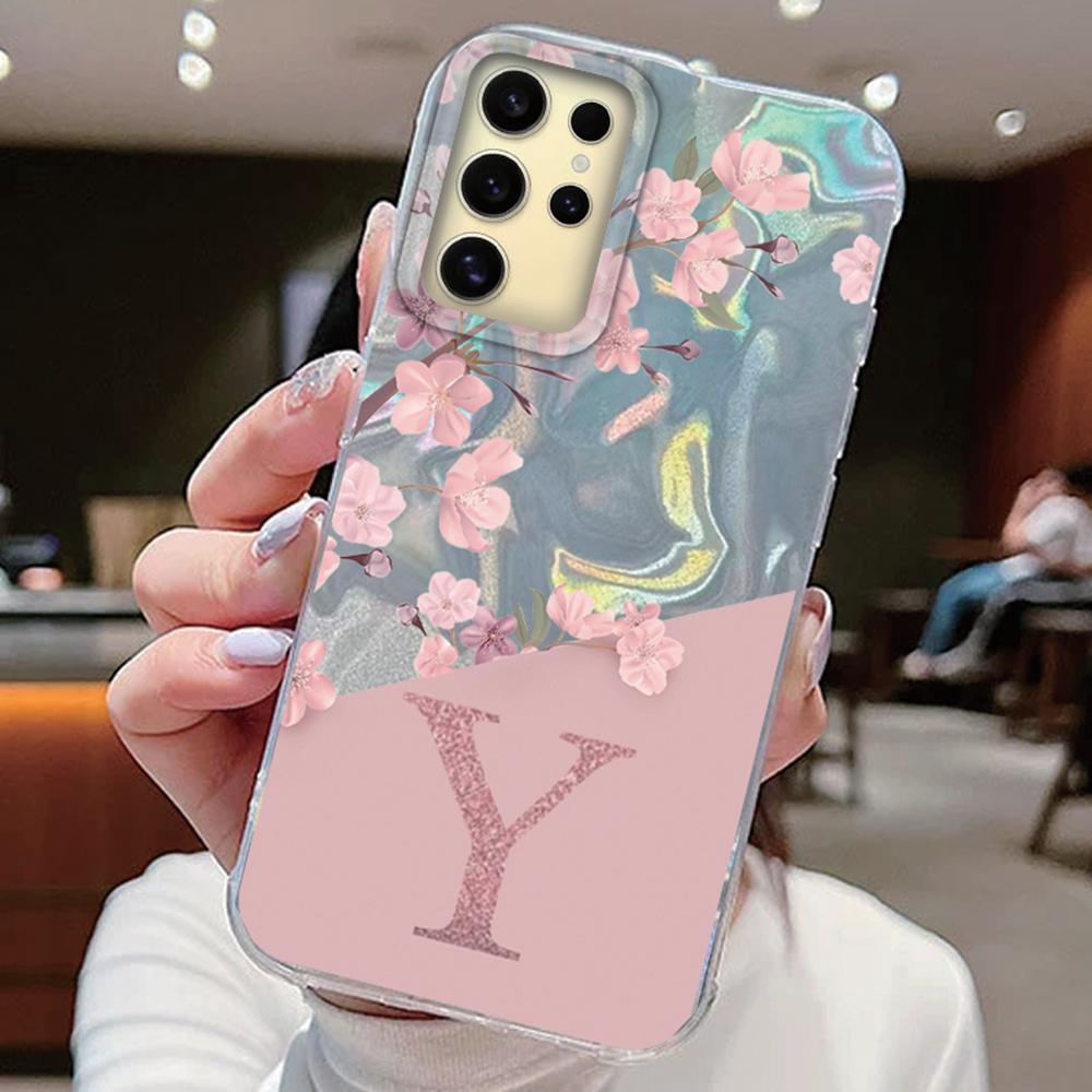 

Initial Letter A Z Case For Samsung Galaxy S25 S24 S23 S21 S22 Plus S23 S21 FE Cover Pink Flowers Silicone Back Fundas Bumper Samsung S25 Plus