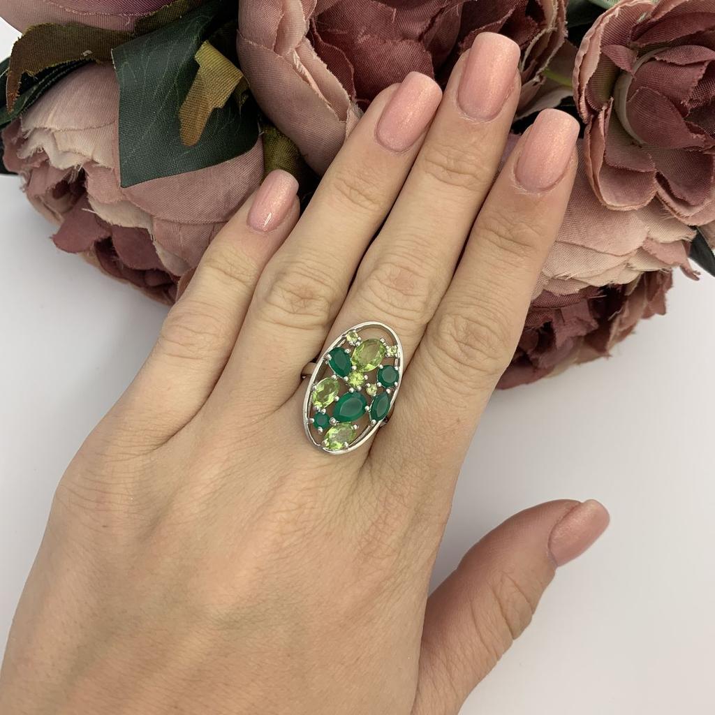 Silver Ring with Natural Agate, Chrysolite (2100188)