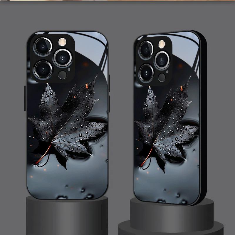 Black Leaf Pattern Glass Material Phone Case For iPhone 17 16 15 14 13 12 11 Pro Max 16E 17Air 7 8 15 Plus XR XS X Cover
