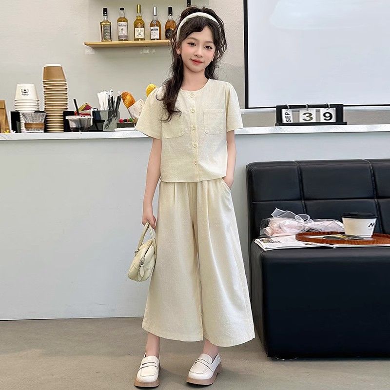 Sommer-Set für Mädchen Kurzarm-Oberteil Weitbein-Hose Mädchen Baumwolle und Leinen Zweiteiler Dünnes Sommer-Outfit