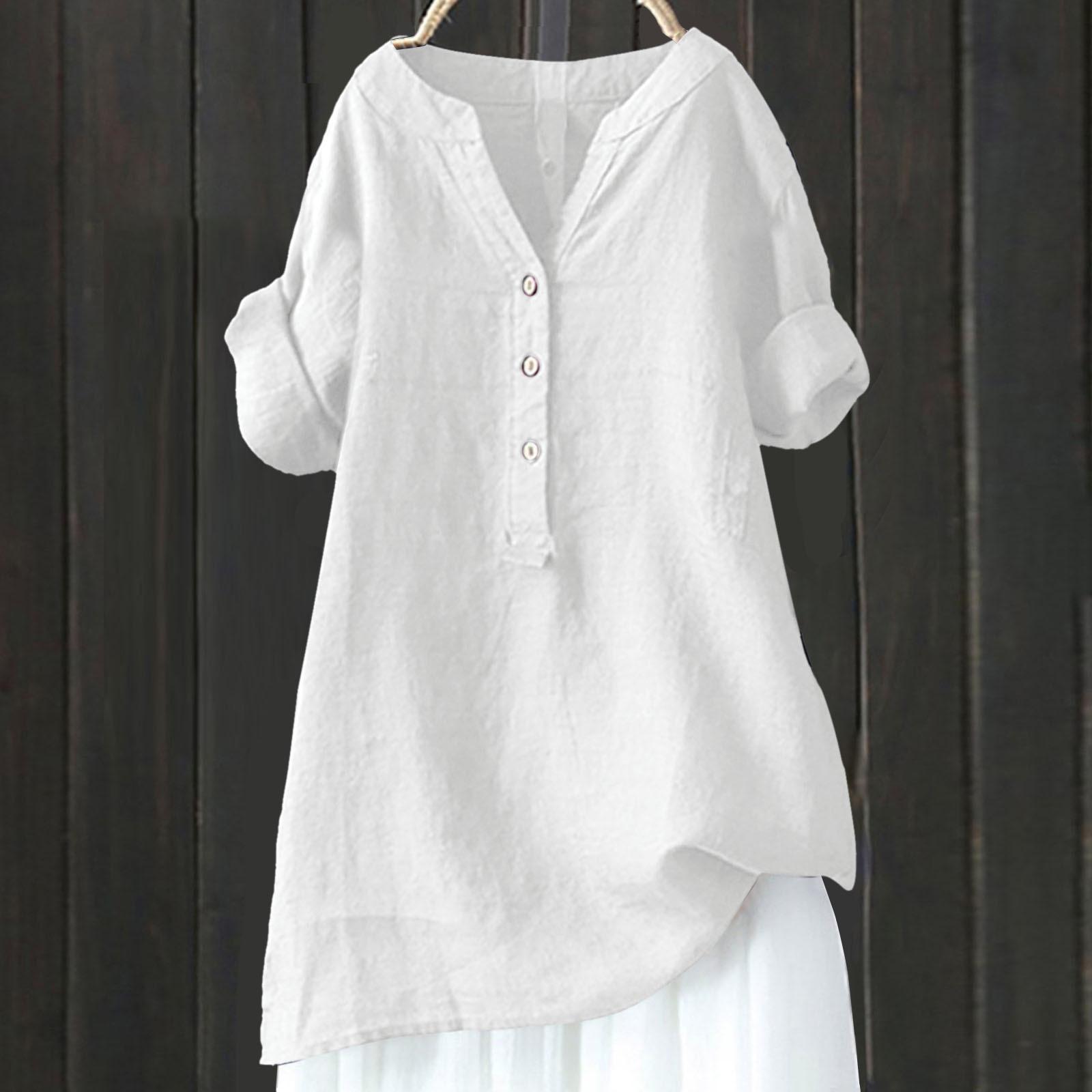 

Женская весенне-летняя однотонная блузка с воротником-стойкой, застежкой на пуговицы, рукавами средней длины, футболка с короткими рукавами XXXXXL белый