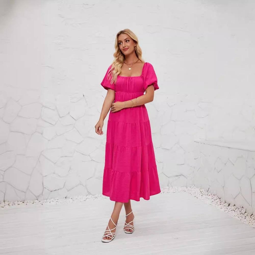 Neformální letní maxi šaty s čtvercovým výstřihem, nabíranými rukávy, vysokým pasem, plisovanou splývavou áčkovou sukní