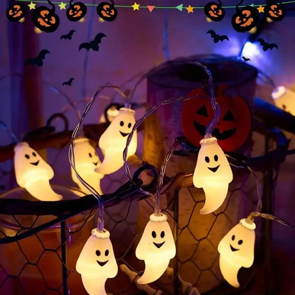 Battery Powered Halloween Ghost LED String Lights DIY Hanging Horror Props Waterproof For Home Party Festival Decorative Lamp