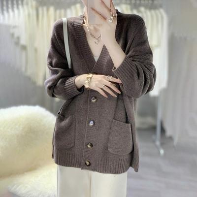 Solid Color Casual Versatile Knitted Cardigan Top Women's Autumn and Winter New V-neck Loose and Thin Sweater Jacket