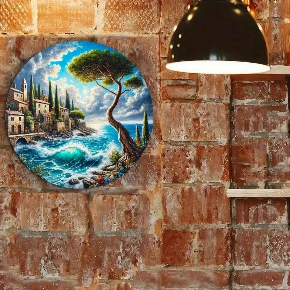 Round Coastal Metal Wall Art Vintage Beach Sign for Home Decor
