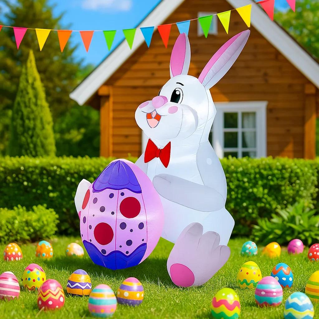 1.8M/6FT Easter Party Holiday Decorations White Rabbit Embracing Easter Eggs Ornaments LED Model Outdoor Decor Garden Decor cm