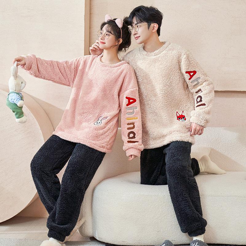 Couples' Cozy Flannel Pajama Set: Women's Plus Velvet, Men's Loose Fit, Warm Coral Fleece Homewear