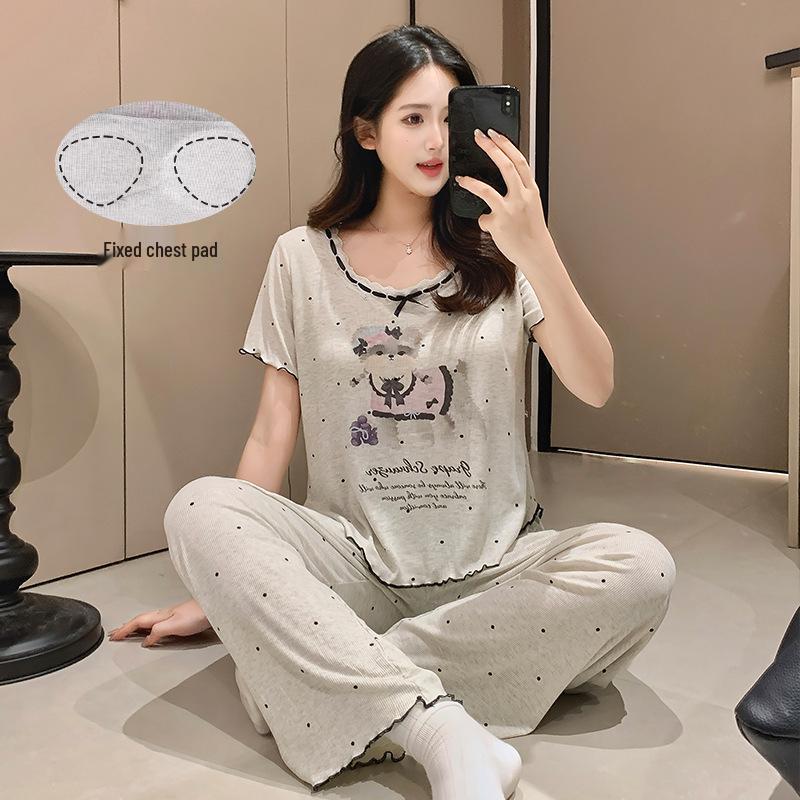 

Korean Women s V-Neck Pajama Set: Short Sleeve, Long Pants, Chest Pads, Comfortable Modal, Spring/Autumn. XXL