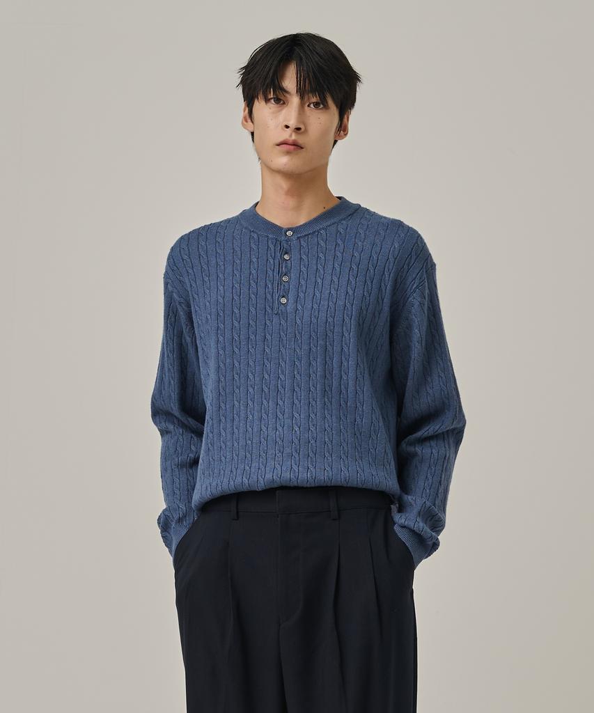ANALOG MOOD Washable Cable Henley Neck Knit T-Shirt (Blue)