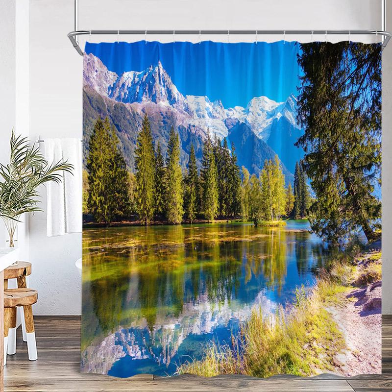 Autumn Landscape Shower Curtains Red Maple Trees Pavilion Arch Bridge Park Nature Scenery Home Bathroom Decor Bath Curtain Set